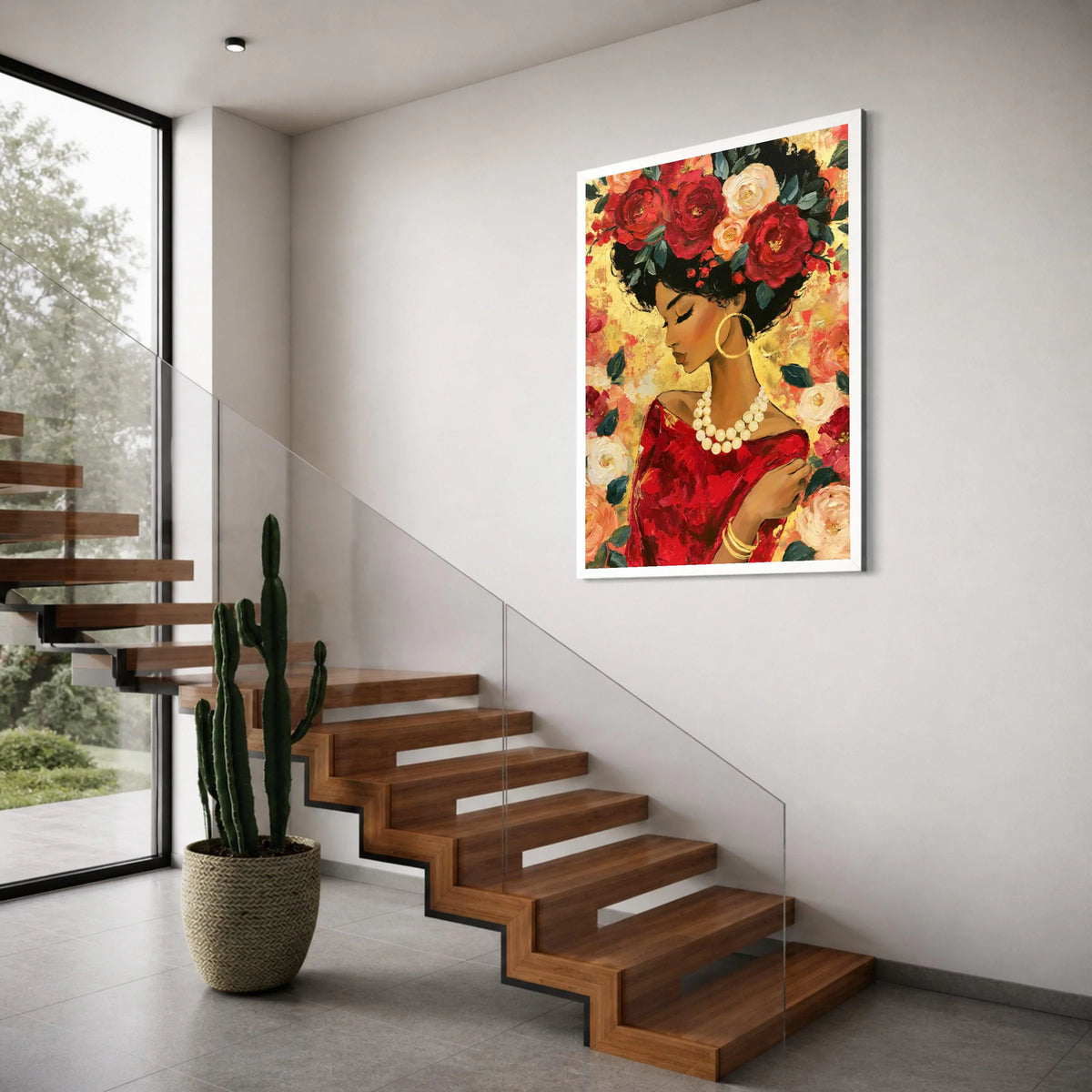 Elegant Woman with Floral Crown Canvas, Red Dress Portrait Art, Afrocentric Wall Decor, Gold Accent Canvas, Feminine Beauty Print Art