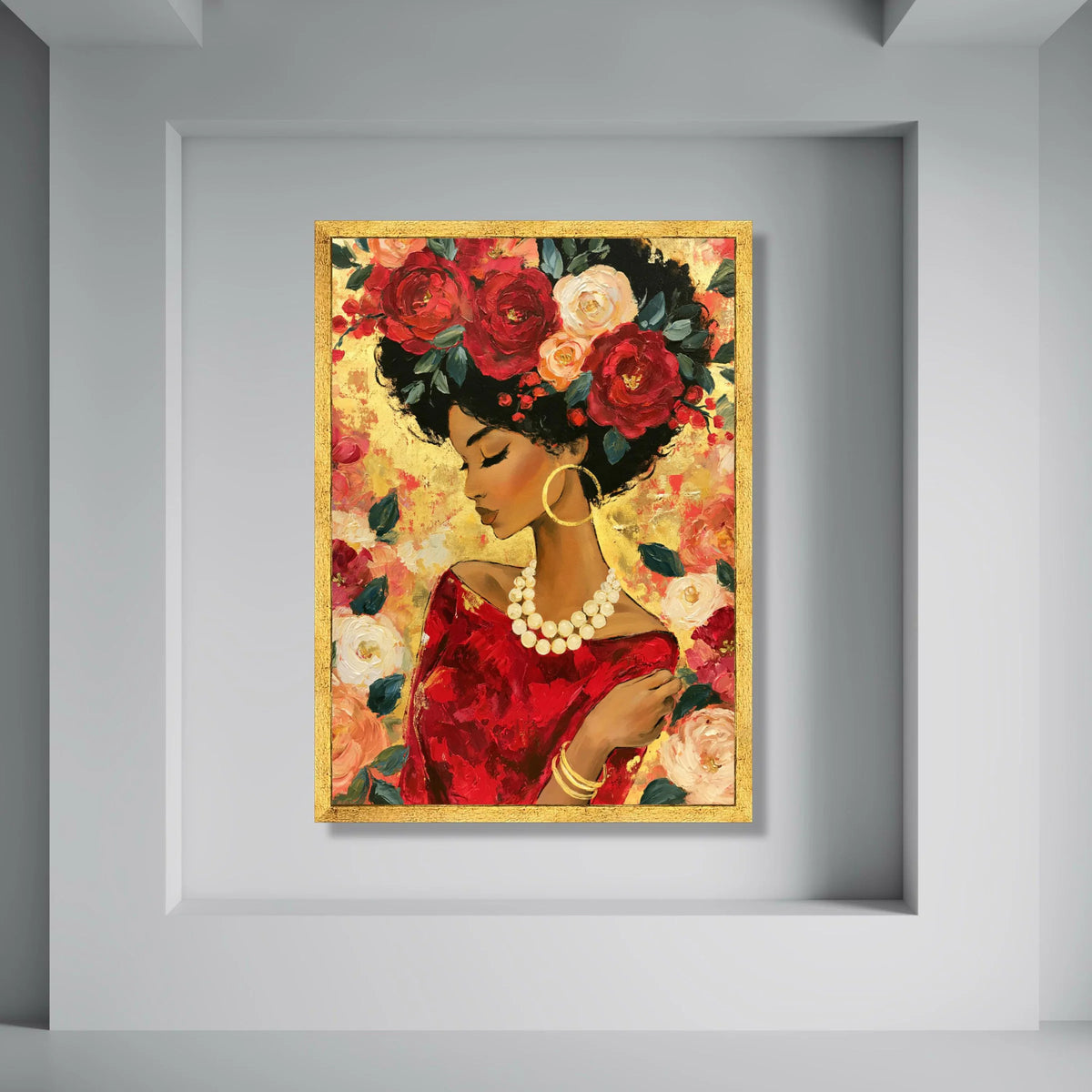 Elegant Woman with Floral Crown Canvas, Red Dress Portrait Art, Afrocentric Wall Decor, Gold Accent Canvas, Feminine Beauty Print Art
