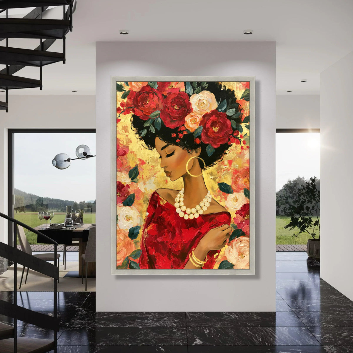 Elegant Woman with Floral Crown Canvas, Red Dress Portrait Art, Afrocentric Wall Decor, Gold Accent Canvas, Feminine Beauty Print Art