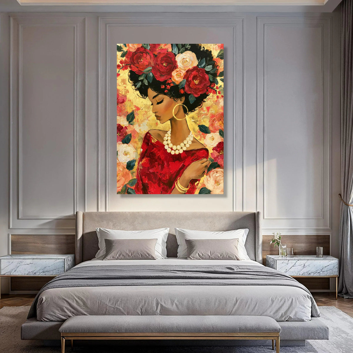 Elegant Woman with Floral Crown Canvas, Red Dress Portrait Art, Afrocentric Wall Decor, Gold Accent Canvas, Feminine Beauty Print Art