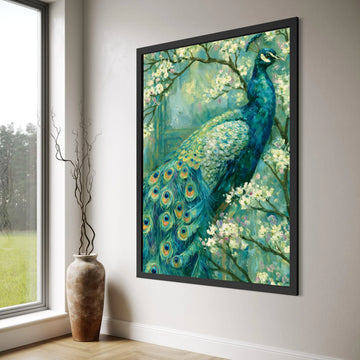 Vibrant Peacock and Blossoms Canvas Wall Art, Exotic Bird Painting, Floral Nature Decor, Elegant Home Accent, Ready to Hang Canvas Print Art