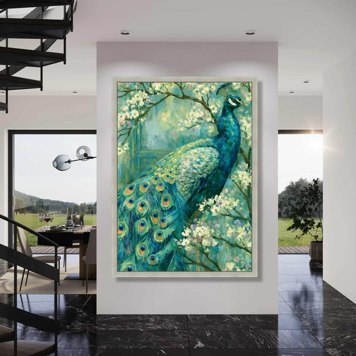 Vibrant Peacock and Blossoms Canvas Wall Art, Exotic Bird Painting, Floral Nature Decor, Elegant Home Accent, Ready to Hang Canvas Print Art