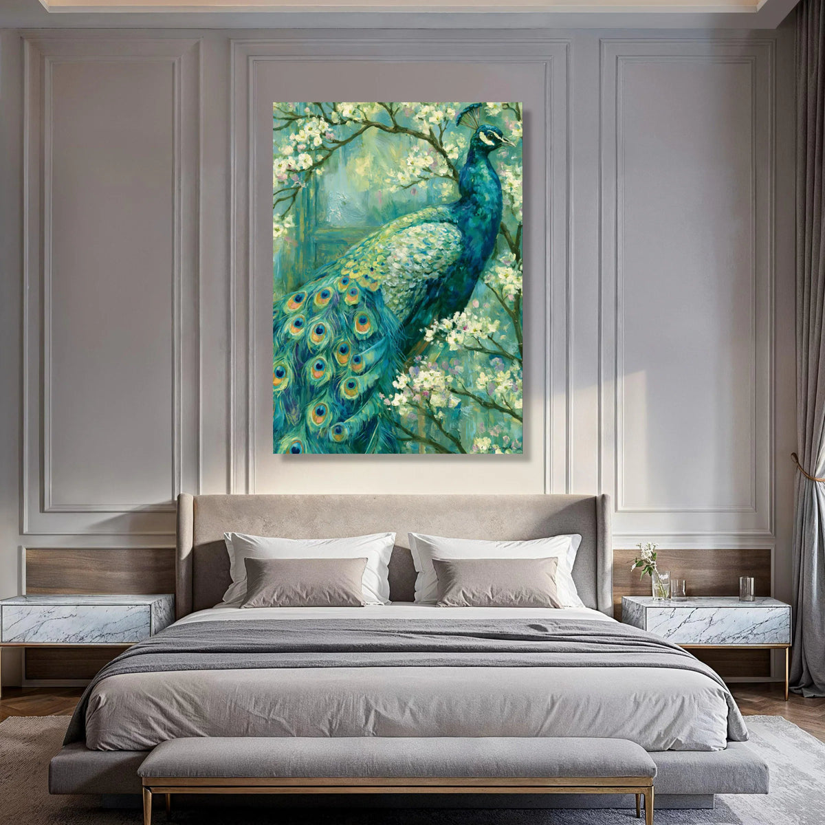 Vibrant Peacock and Blossoms Canvas Wall Art, Exotic Bird Painting, Floral Nature Decor, Elegant Home Accent, Ready to Hang Canvas Print Art