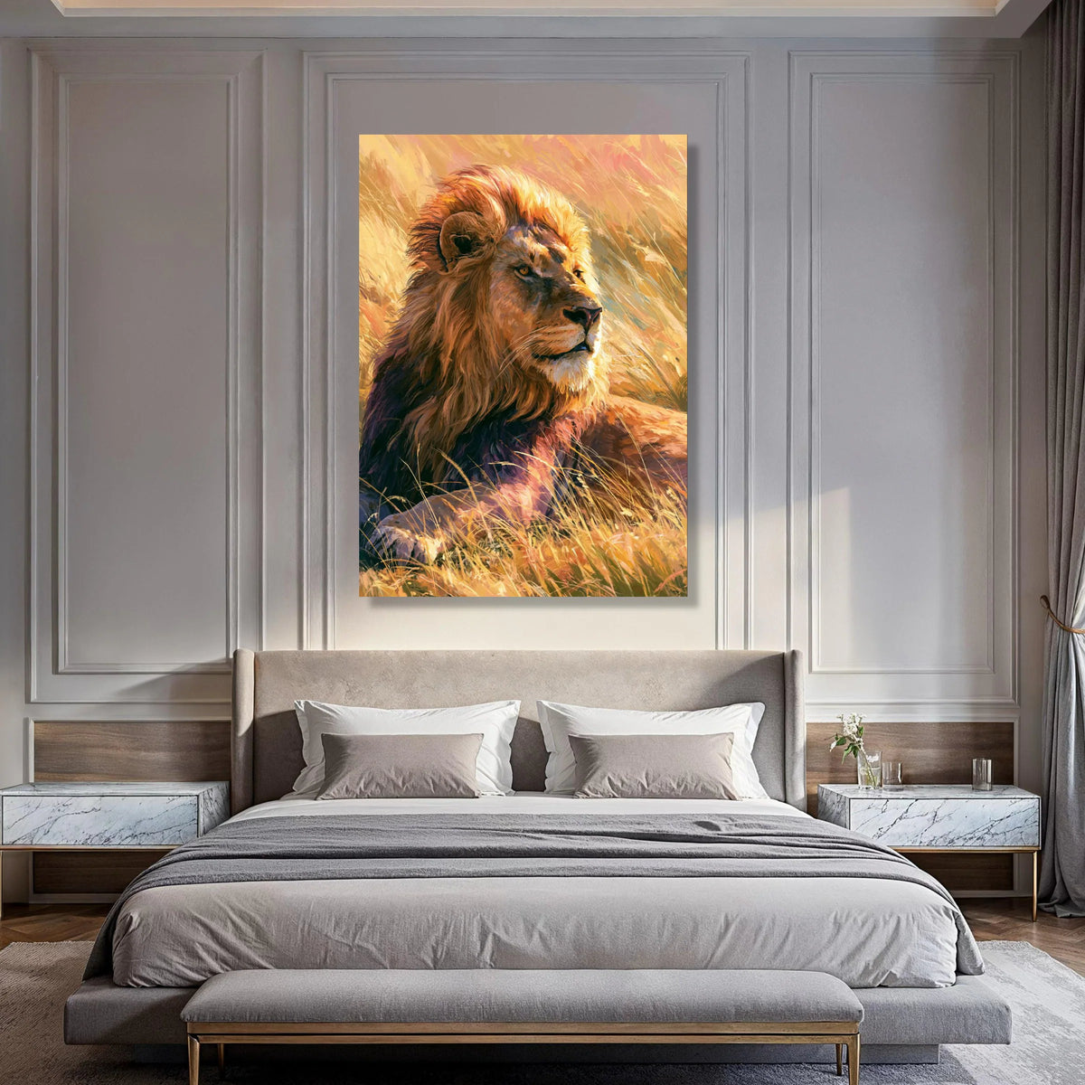 Majestic Lion Portrait Canvas, Golden Sunrise Wildlife Art, Safari Animal Wall Decor, African Nature Canvas, Ready to Hang Artwork Print Art