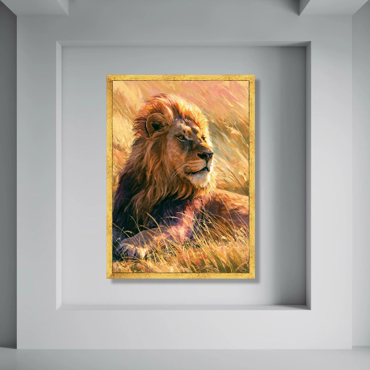 Majestic Lion Portrait Canvas, Golden Sunrise Wildlife Art, Safari Animal Wall Decor, African Nature Canvas, Ready to Hang Artwork Print Art