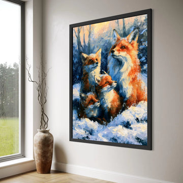 Winter Fox Family Canvas Wall Art, Snowy Forest Animal Painting, Wildlife Nature Decor, Rustic Cabin Wall Decoration Print Art