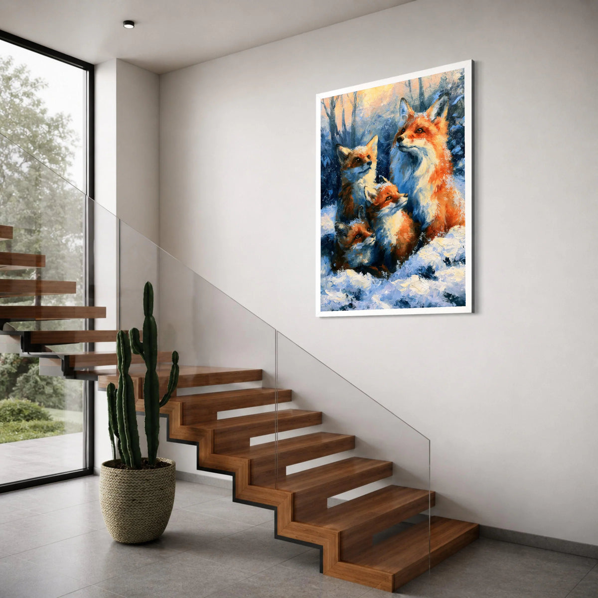 Winter Fox Family Canvas Wall Art, Snowy Forest Animal Painting, Wildlife Nature Decor, Rustic Cabin Wall Decoration Print Art