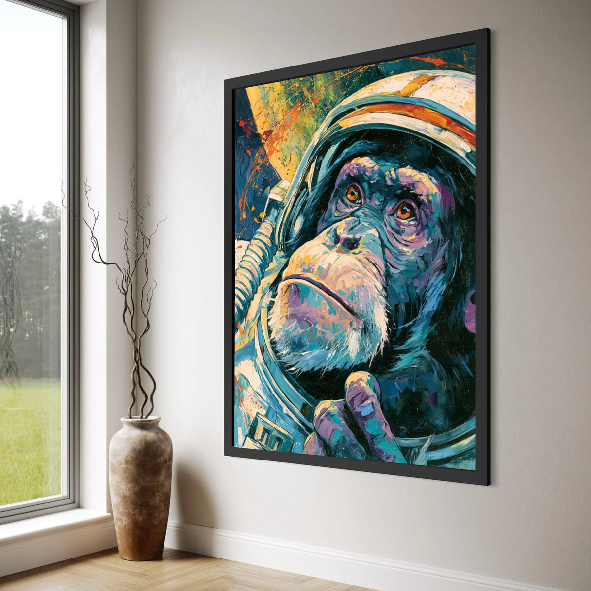 Cosmic Chimpanzee Space Suit Canvas, Colorful Astronaut Ape Wall Art, Modern Animal Portrait Canvas, Unique Space Exploration Print Art