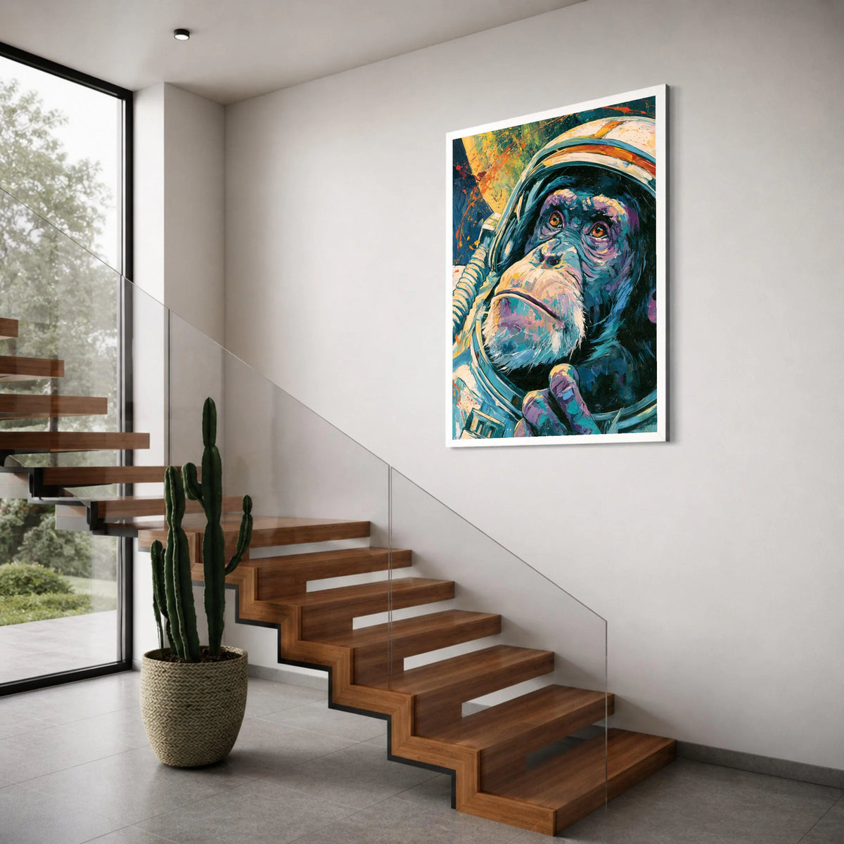 Cosmic Chimpanzee Space Suit Canvas, Colorful Astronaut Ape Wall Art, Modern Animal Portrait Canvas, Unique Space Exploration Print Art