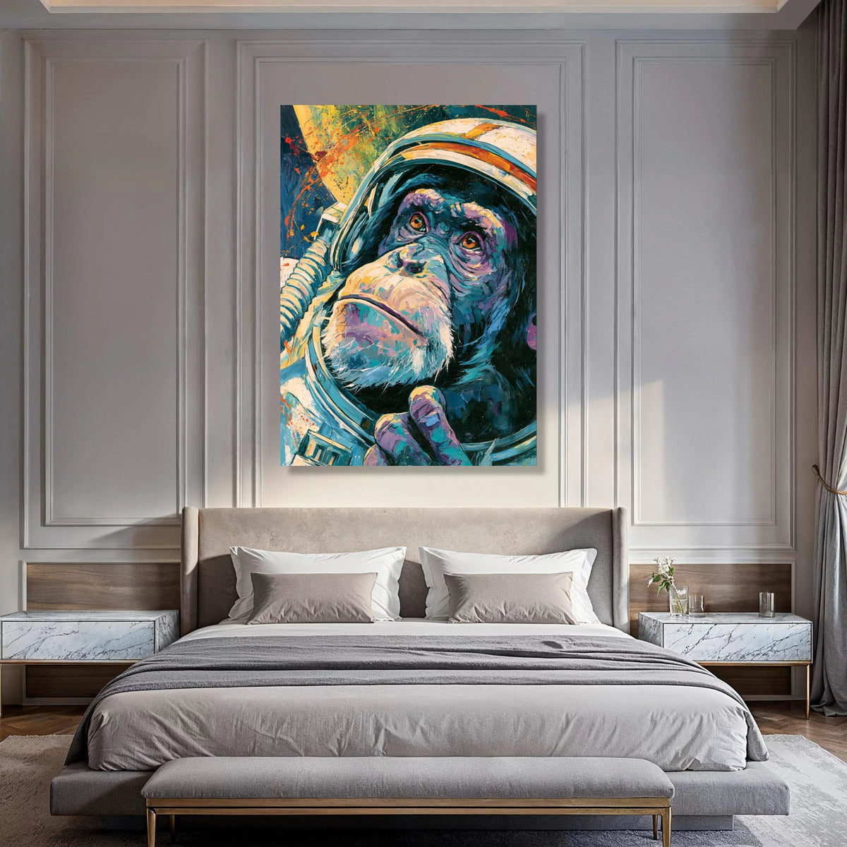 Cosmic Chimpanzee Space Suit Canvas, Colorful Astronaut Ape Wall Art, Modern Animal Portrait Canvas, Unique Space Exploration Print Art