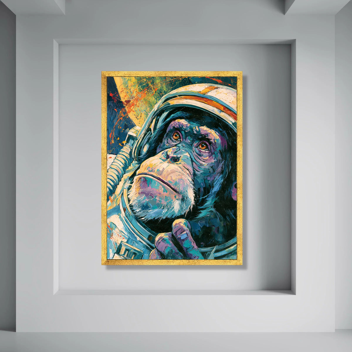 Cosmic Chimpanzee Space Suit Canvas, Colorful Astronaut Ape Wall Art, Modern Animal Portrait Canvas, Unique Space Exploration Print Art