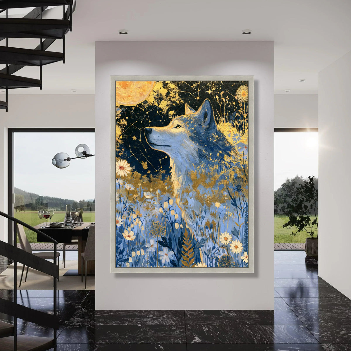 Majestic Wolf Moonlit Meadow Canvas, Starry Night Sky Wall Art, Floral Wildlife Painting, Nature Animal Canvas, Celestial Decor Print Art