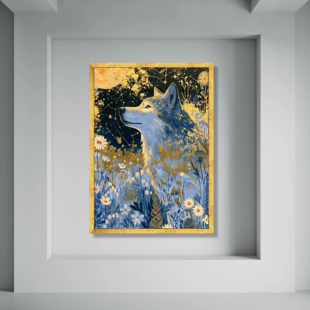 Majestic Wolf Moonlit Meadow Canvas, Starry Night Sky Wall Art, Floral Wildlife Painting, Nature Animal Canvas, Celestial Decor Print Art