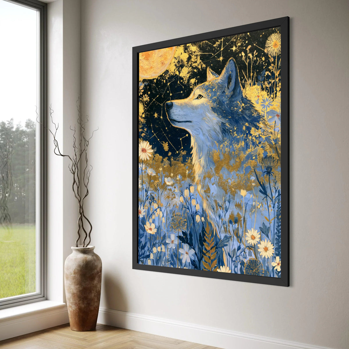 Majestic Wolf Moonlit Meadow Canvas, Starry Night Sky Wall Art, Floral Wildlife Painting, Nature Animal Canvas, Celestial Decor Print Art