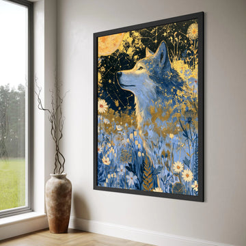 Majestic Wolf Moonlit Meadow Canvas, Starry Night Sky Wall Art, Floral Wildlife Painting, Nature Animal Canvas, Celestial Decor Print Art