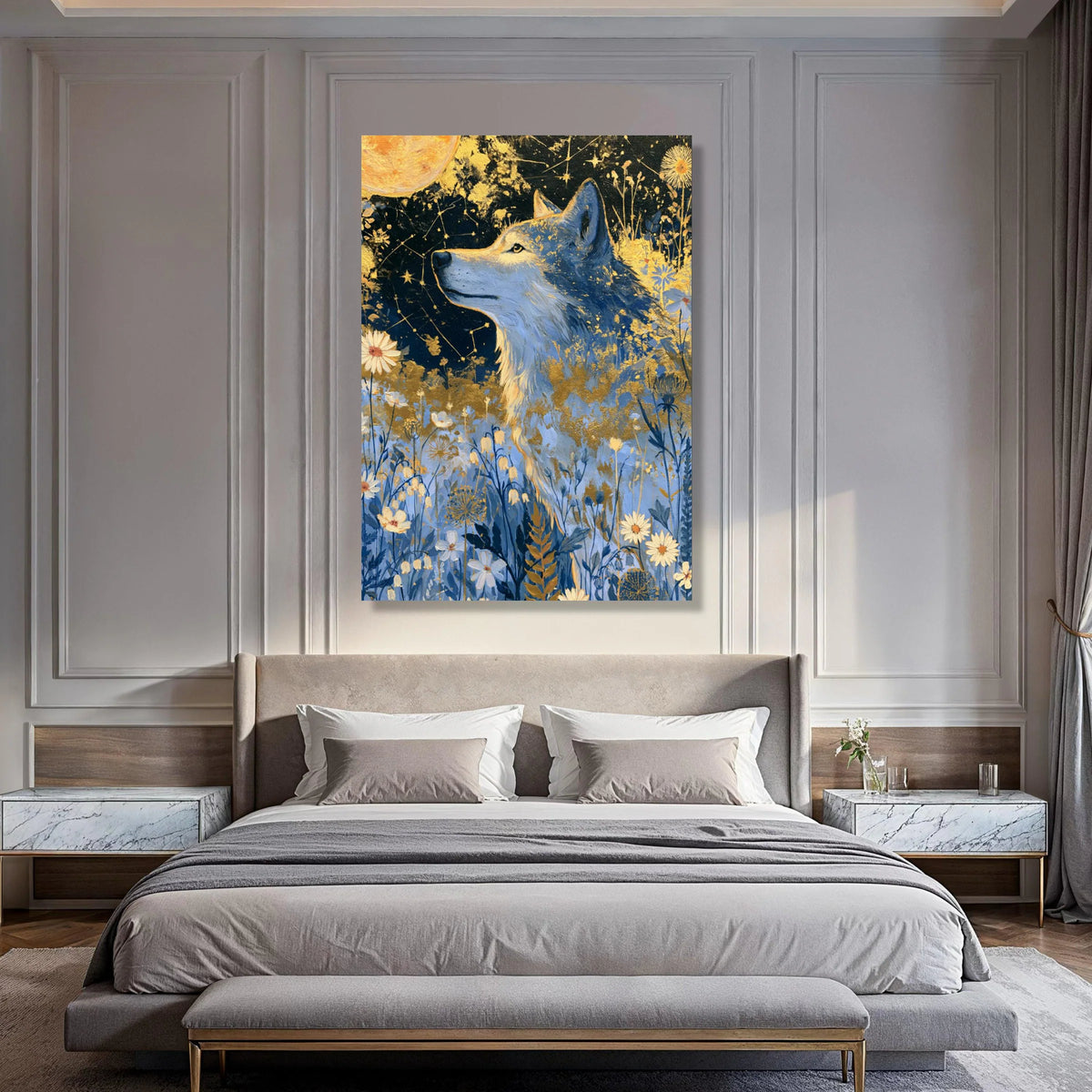 Majestic Wolf Moonlit Meadow Canvas, Starry Night Sky Wall Art, Floral Wildlife Painting, Nature Animal Canvas, Celestial Decor Print Art