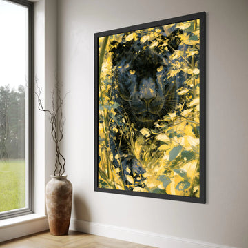 Black Panther Yellow Wildflowers Canvas, Big Cat Wall Art, Wildlife Animal Portrait Canvas, Jungle Nature Decoration, Ready to Print Art