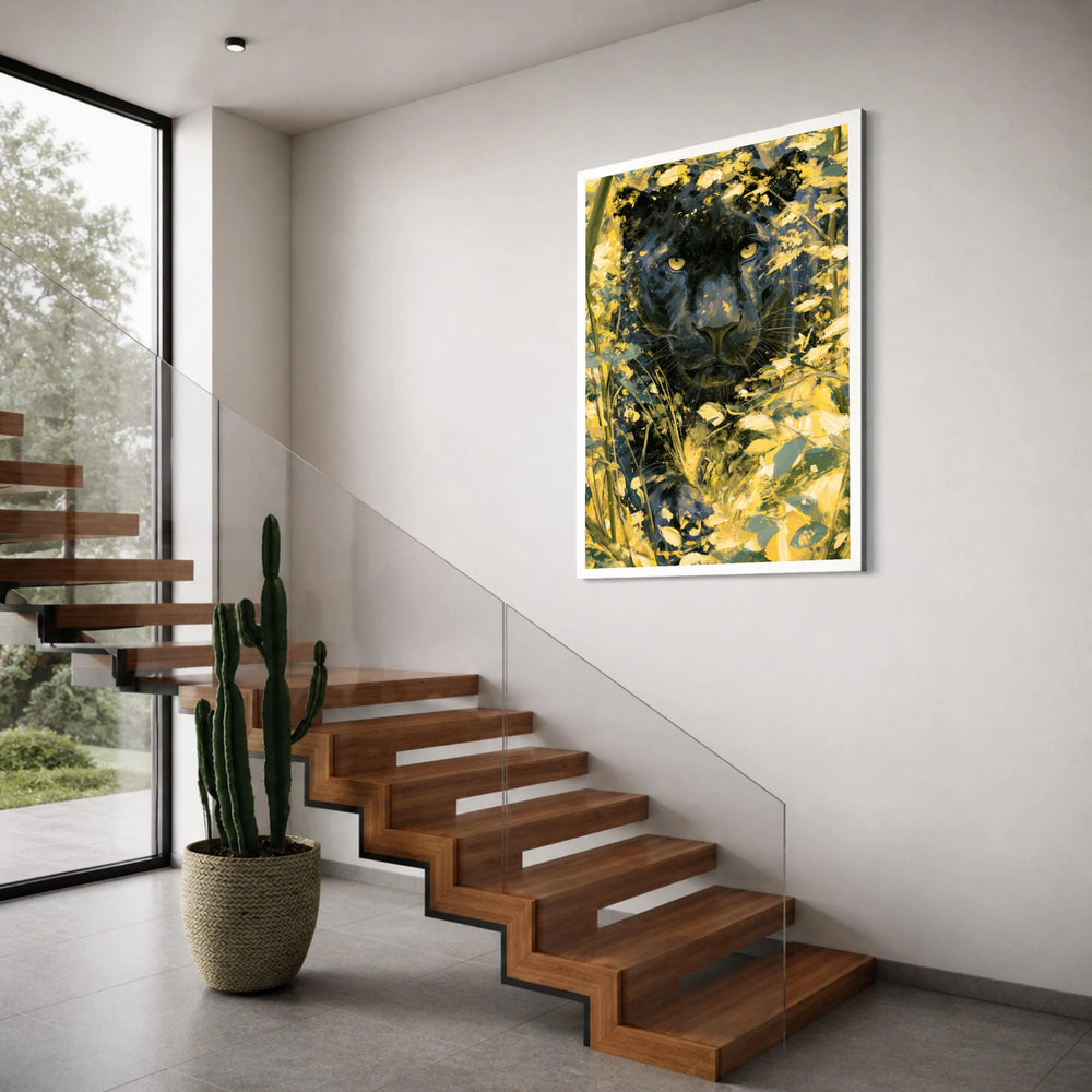 Black Panther Yellow Wildflowers Canvas, Big Cat Wall Art, Wildlife Animal Portrait Canvas, Jungle Nature Decoration, Ready to Print Art