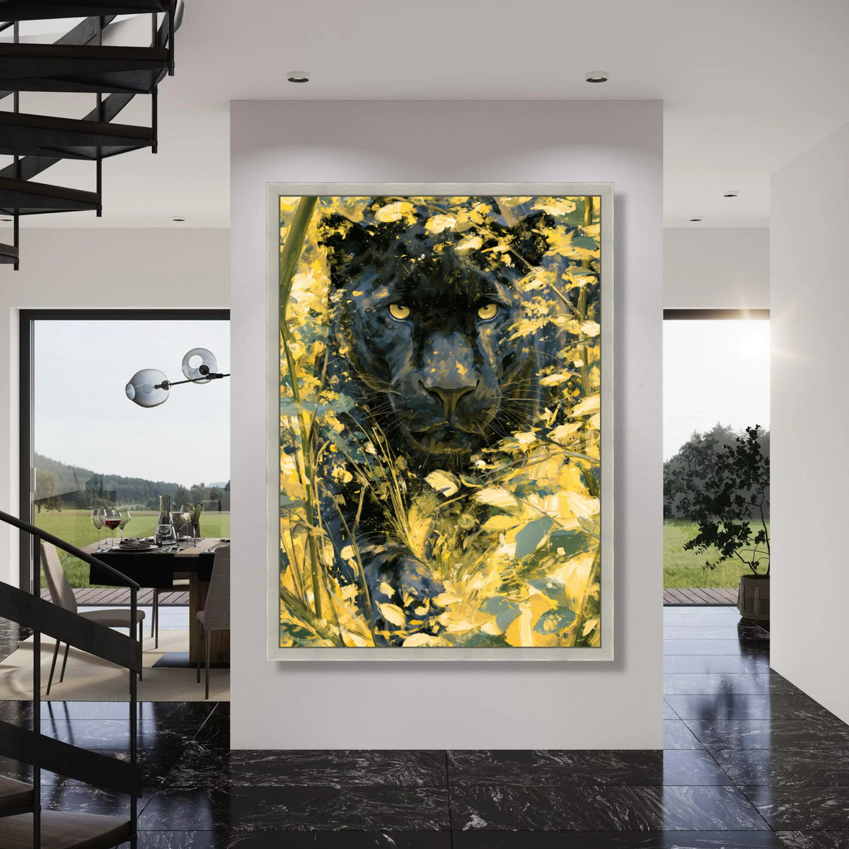 Black Panther Yellow Wildflowers Canvas, Big Cat Wall Art, Wildlife Animal Portrait Canvas, Jungle Nature Decoration, Ready to Print Art