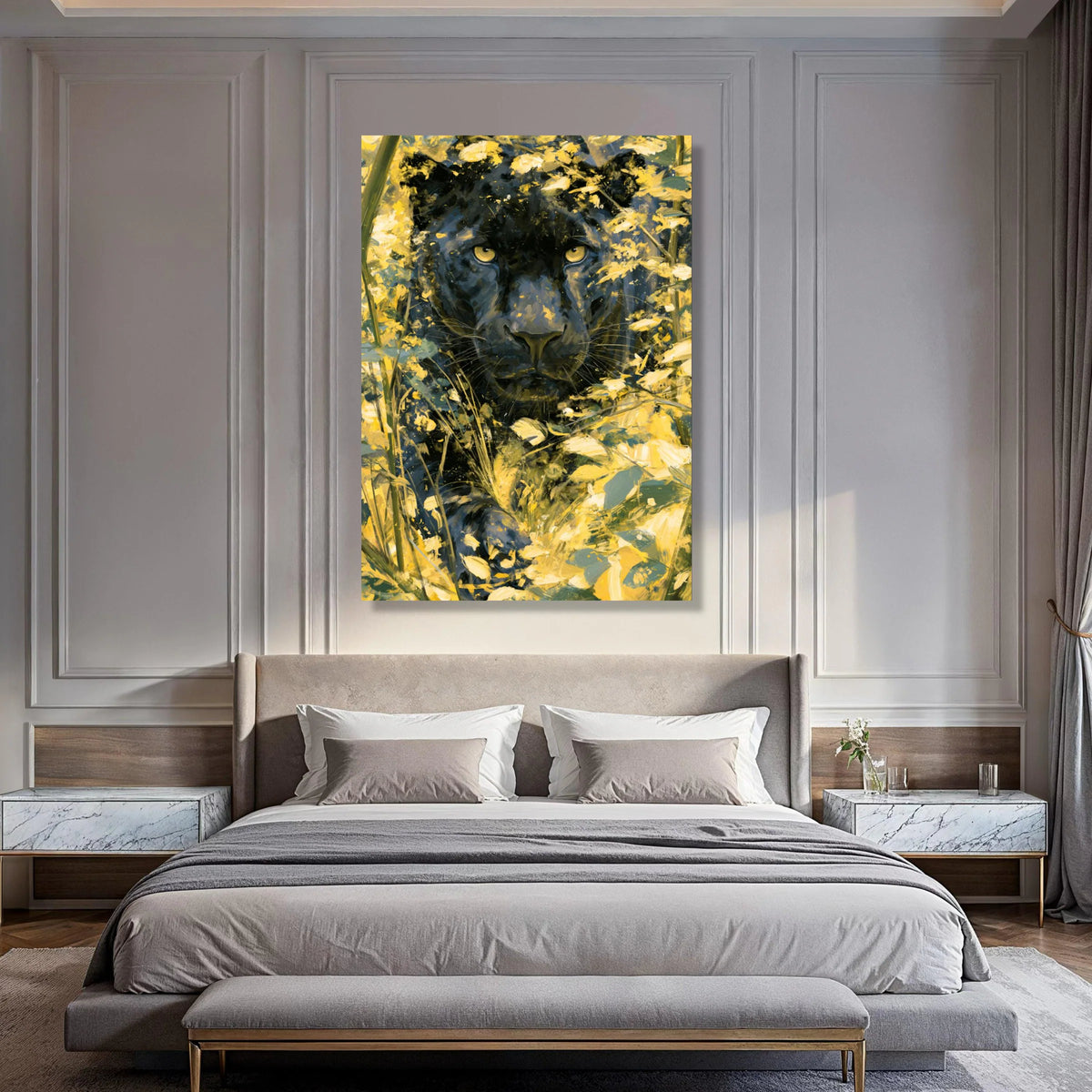 Black Panther Yellow Wildflowers Canvas, Big Cat Wall Art, Wildlife Animal Portrait Canvas, Jungle Nature Decoration, Ready to Print Art