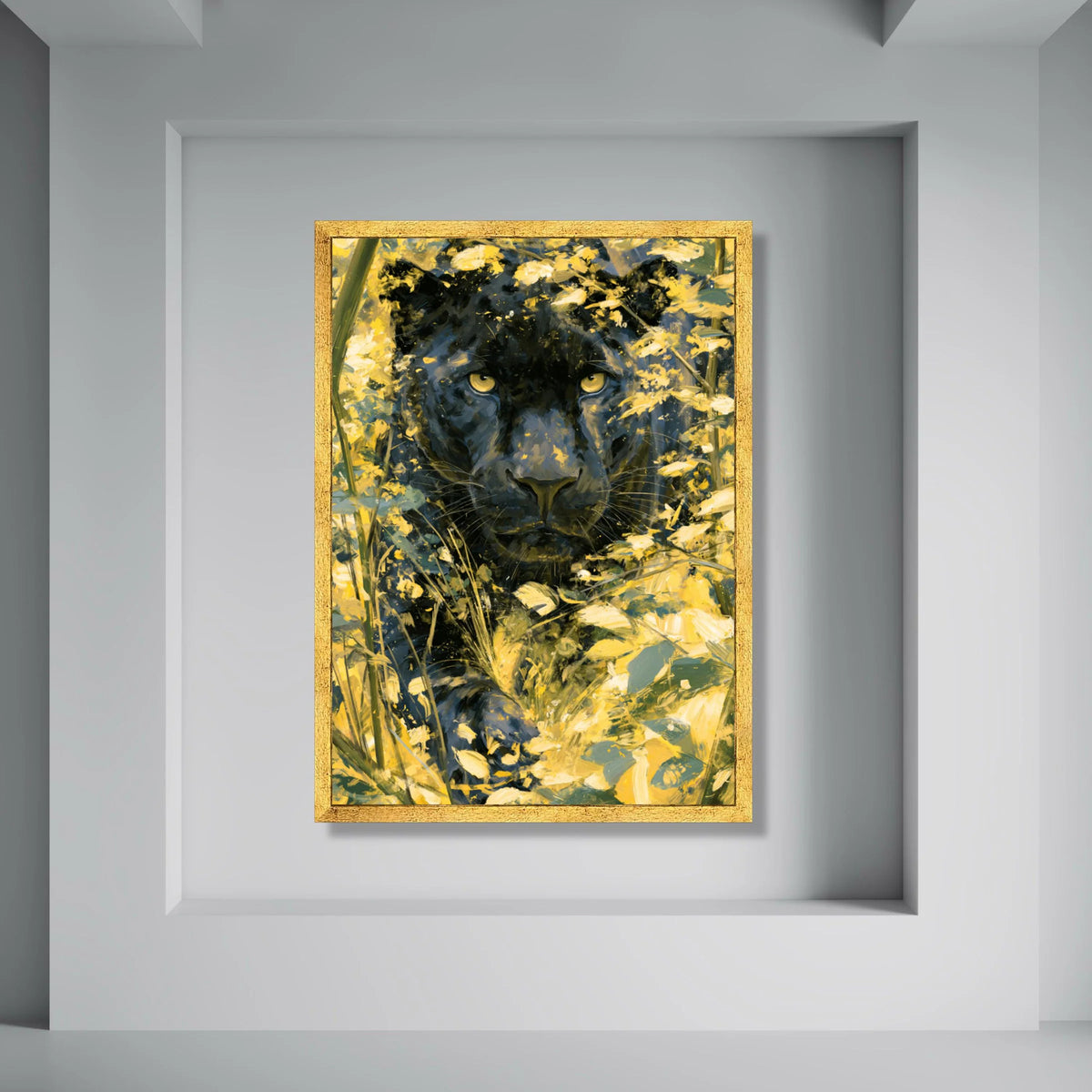 Black Panther Yellow Wildflowers Canvas, Big Cat Wall Art, Wildlife Animal Portrait Canvas, Jungle Nature Decoration, Ready to Print Art