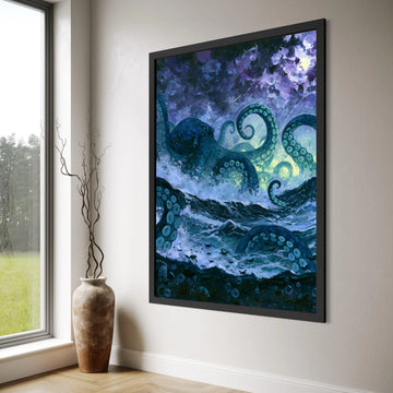 Ocean Monster Canvas Wall Art, Giant Octopus Tentacles, Stormy Sea Painting, Nautical Mythical Creature, Dramatic Marine Wall Print Art