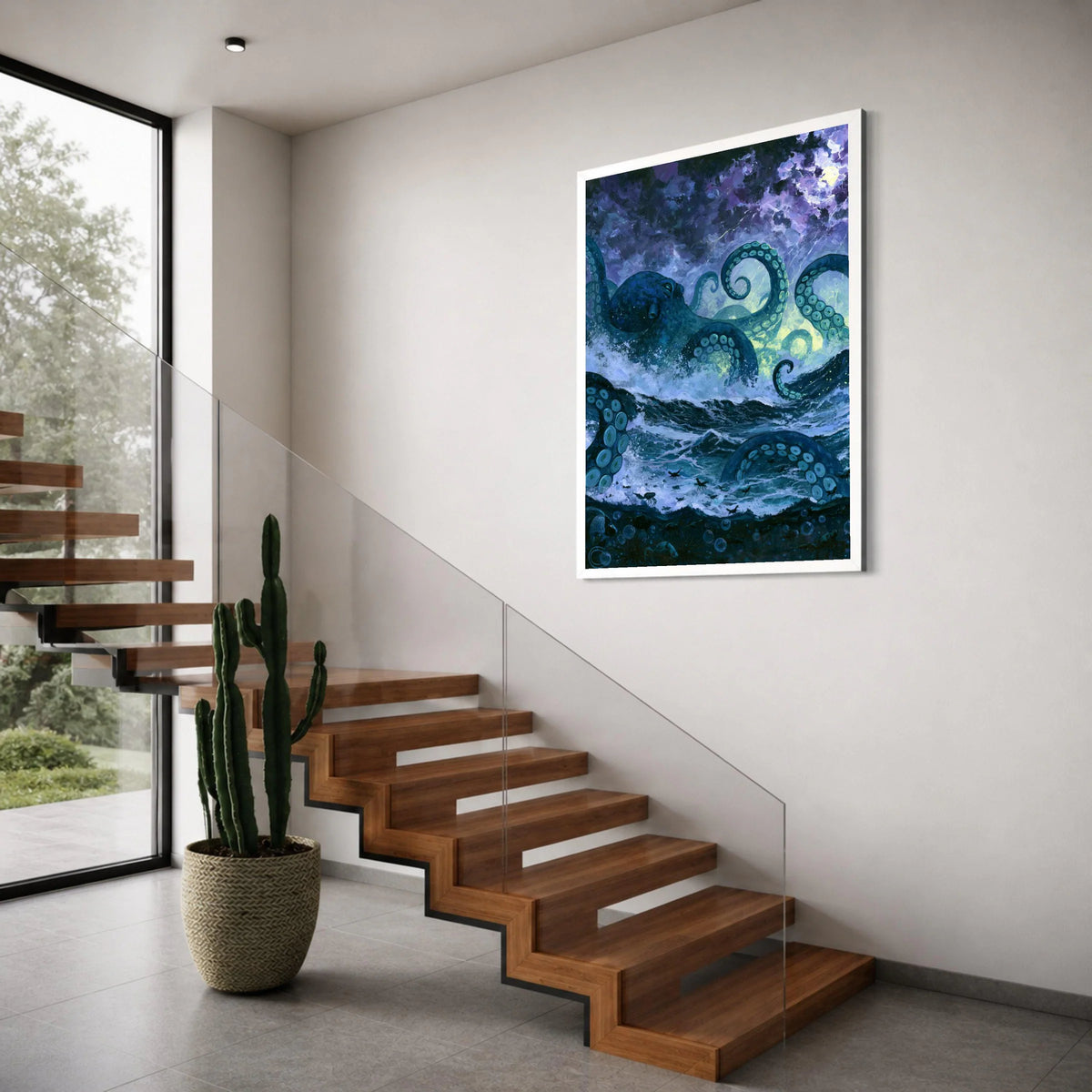 Ocean Monster Canvas Wall Art, Giant Octopus Tentacles, Stormy Sea Painting, Nautical Mythical Creature, Dramatic Marine Wall Print Art