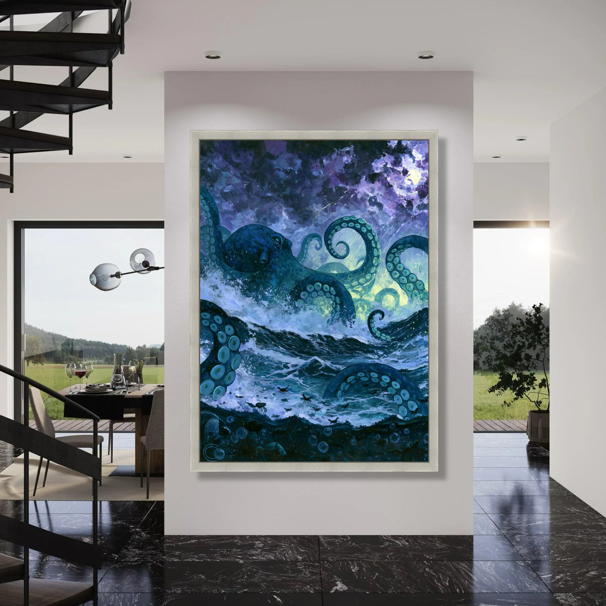 Ocean Monster Canvas Wall Art, Giant Octopus Tentacles, Stormy Sea Painting, Nautical Mythical Creature, Dramatic Marine Wall Print Art