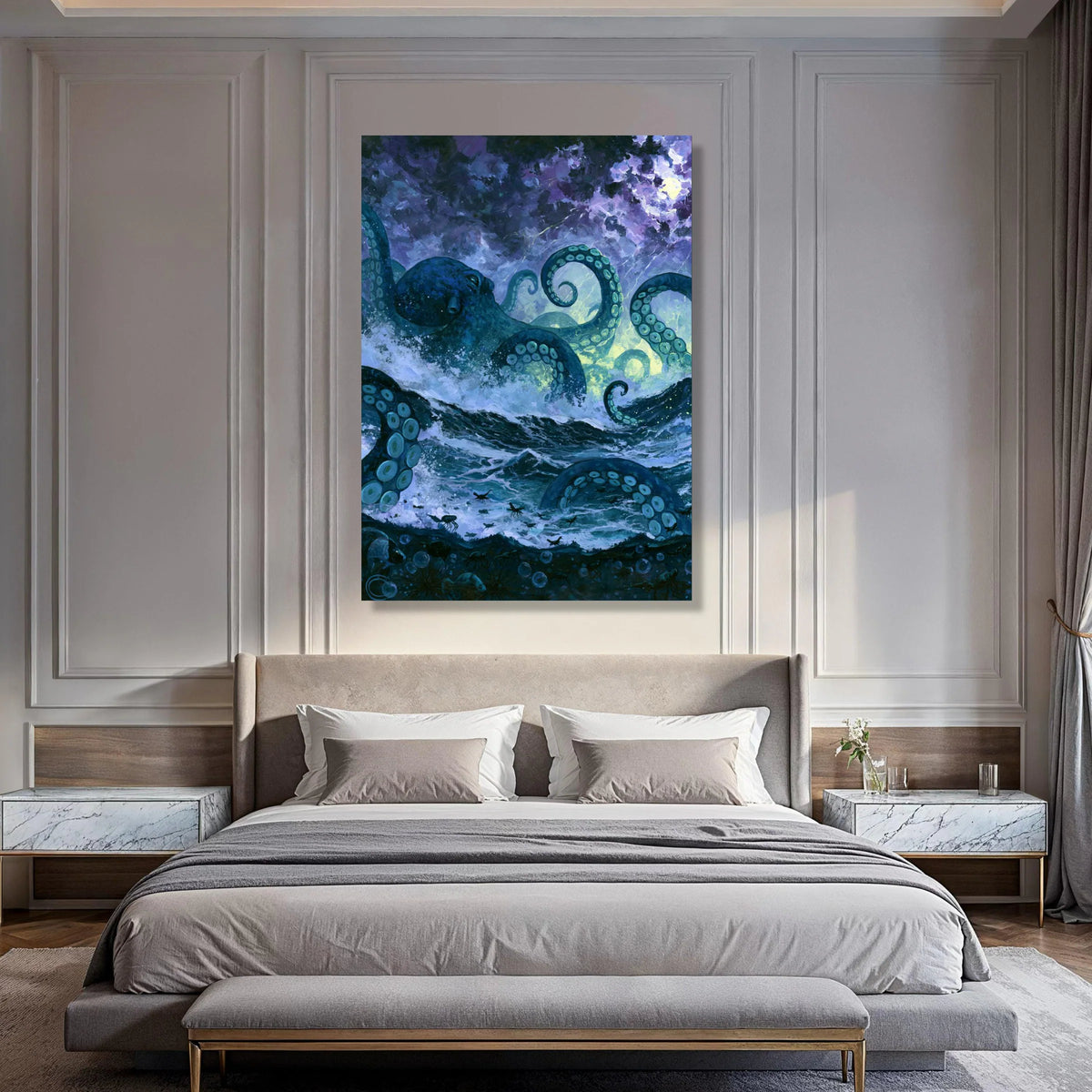Ocean Monster Canvas Wall Art, Giant Octopus Tentacles, Stormy Sea Painting, Nautical Mythical Creature, Dramatic Marine Wall Print Art