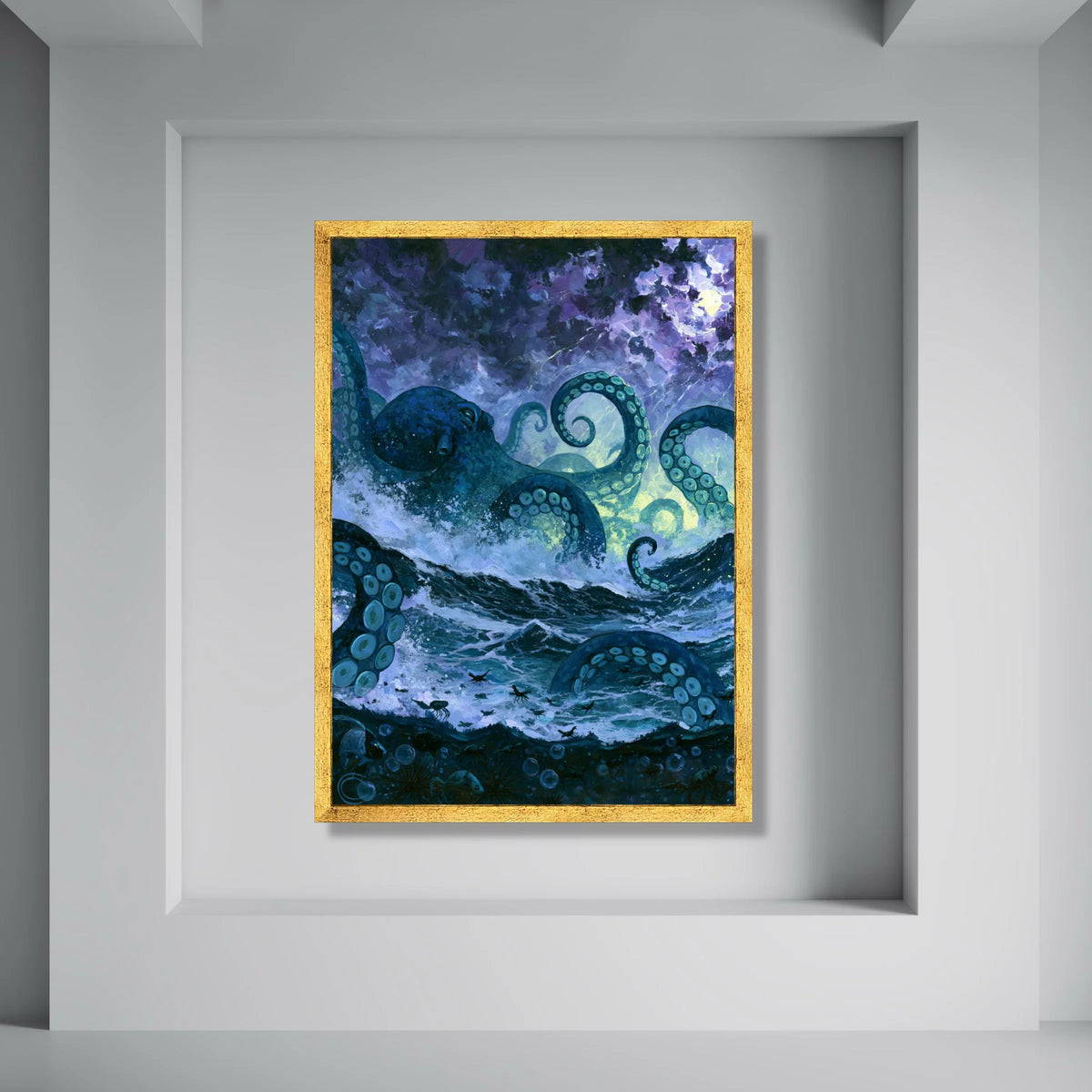 Ocean Monster Canvas Wall Art, Giant Octopus Tentacles, Stormy Sea Painting, Nautical Mythical Creature, Dramatic Marine Wall Print Art