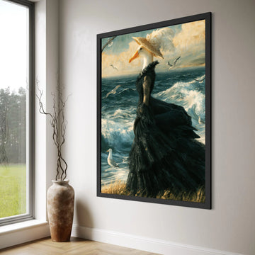 Elegant Seagull Lady, Victorian Dress Canvas Wall Art, Ocean Waves Scene, Surreal Animal Portrait, Coastal Home Decoration Print Art