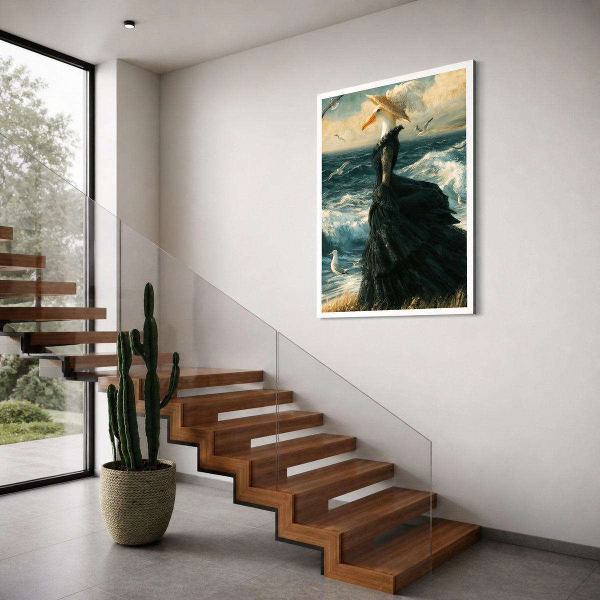 Elegant Seagull Lady, Victorian Dress Canvas Wall Art, Ocean Waves Scene, Surreal Animal Portrait, Coastal Home Decoration Print Art