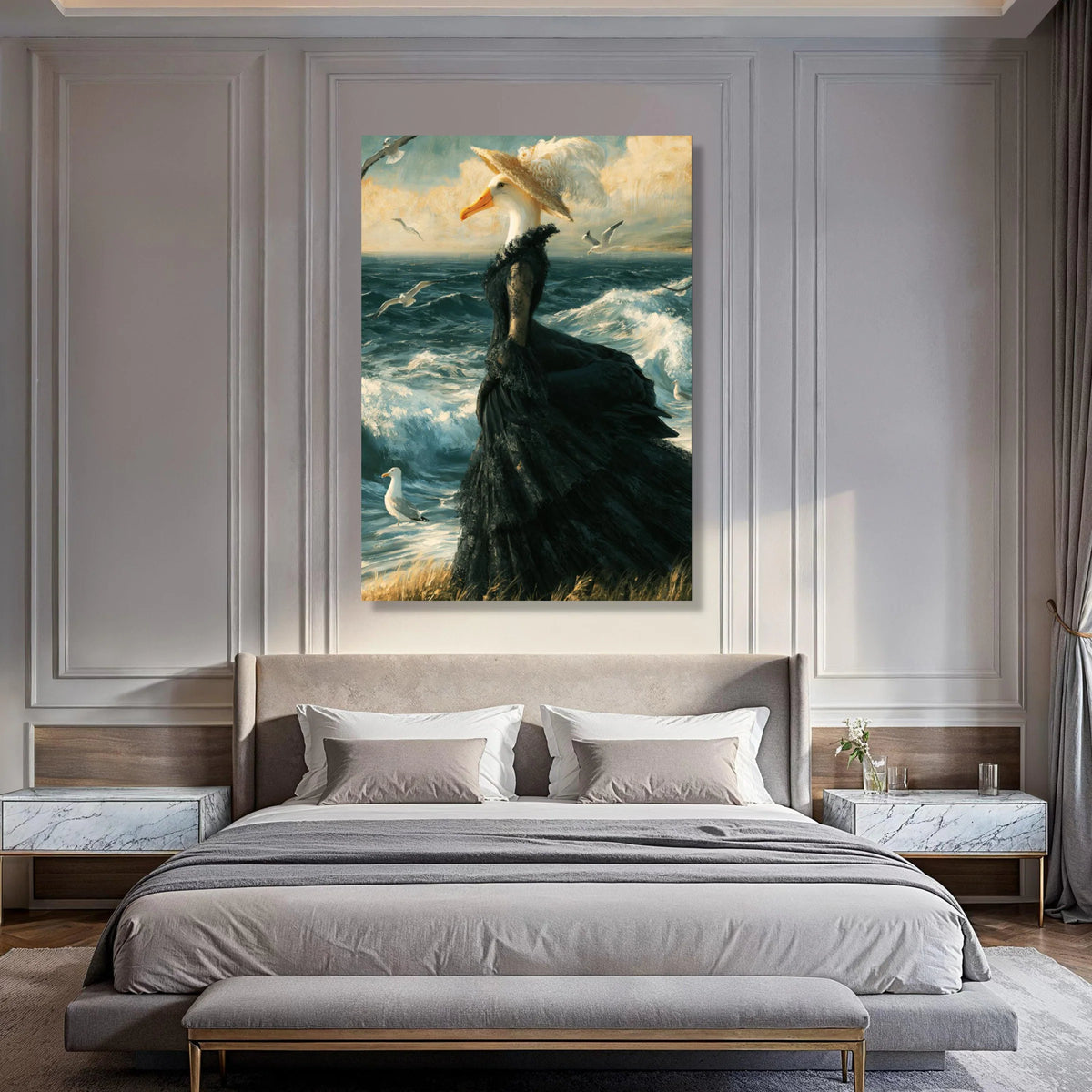 Elegant Seagull Lady, Victorian Dress Canvas Wall Art, Ocean Waves Scene, Surreal Animal Portrait, Coastal Home Decoration Print Art