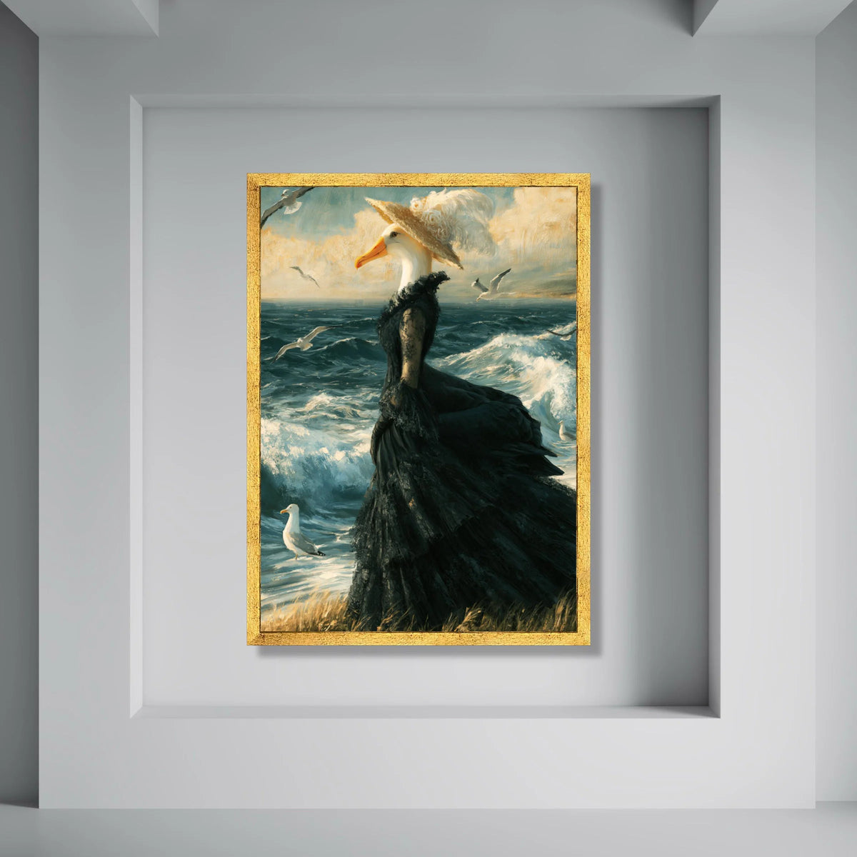 Elegant Seagull Lady, Victorian Dress Canvas Wall Art, Ocean Waves Scene, Surreal Animal Portrait, Coastal Home Decoration Print Art