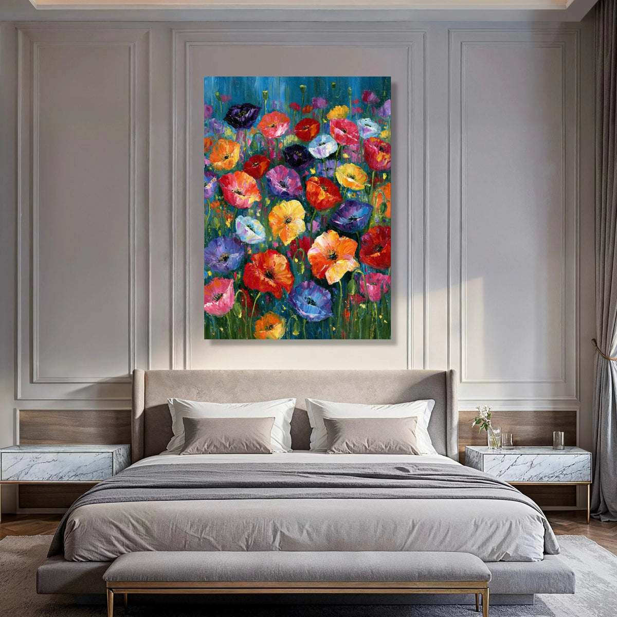 Vibrant Poppy Flowers Canvas Wall Art, Colorful Floral Garden, Bright Spring Bouquet, Nature Decoration, Modern Canvas Artwork Print Art