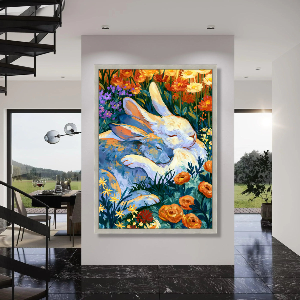 Cozy Bunny Hug, Colorful Floral Garden Canvas, Peaceful Animal Wall Art, Tranquil Nature Scene Canvas, Warm Home Decoration Print Art