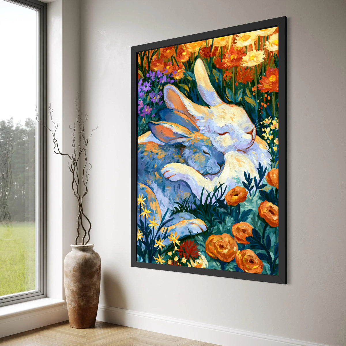 Cozy Bunny Hug, Colorful Floral Garden Canvas, Peaceful Animal Wall Art, Tranquil Nature Scene Canvas, Warm Home Decoration Print Art