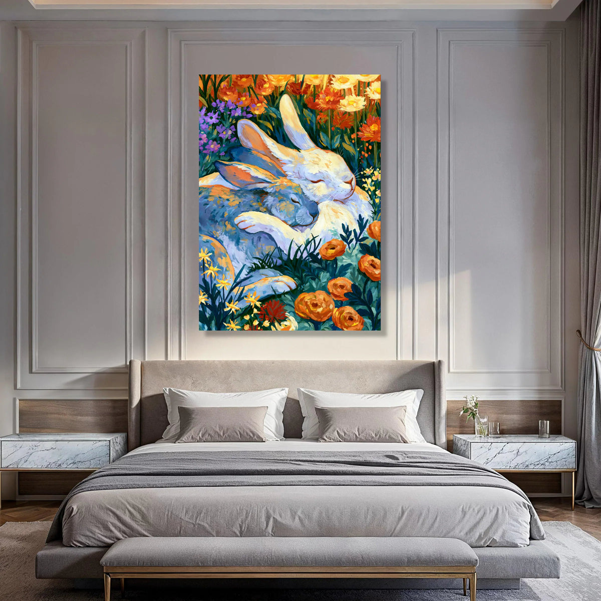 Cozy Bunny Hug, Colorful Floral Garden Canvas, Peaceful Animal Wall Art, Tranquil Nature Scene Canvas, Warm Home Decoration Print Art