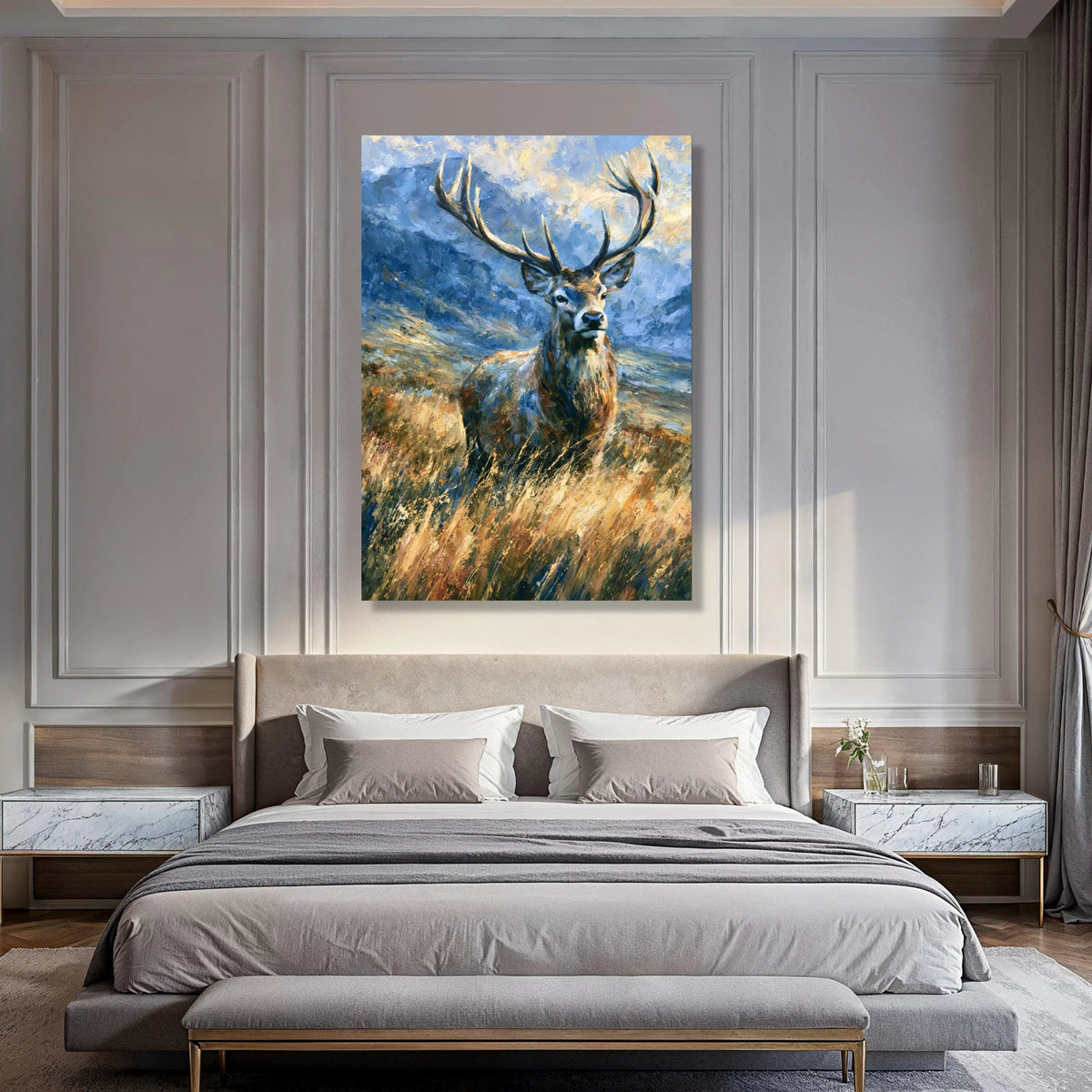 Majestic Stag Tall Grass, Mountain Landscape Canvas, Wildlife Wall Art, Nature Scene Canvas, Rustic Home Decoration Print Art