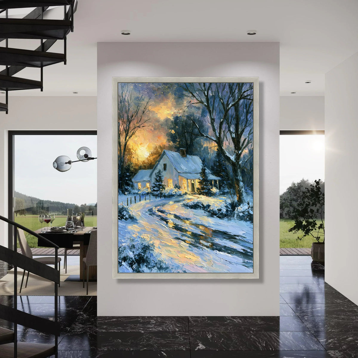 Cozy Winter Cottage Scene, Snowy Landscape Canvas, Warm Evening Glow, Forest Home Wall Art, Seasonal Decoration Canvas Print Art