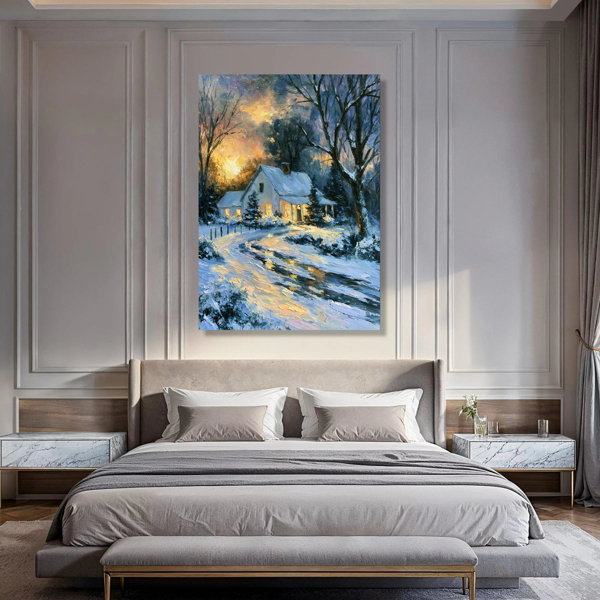 Cozy Winter Cottage Scene, Snowy Landscape Canvas, Warm Evening Glow, Forest Home Wall Art, Seasonal Decoration Canvas Print Art