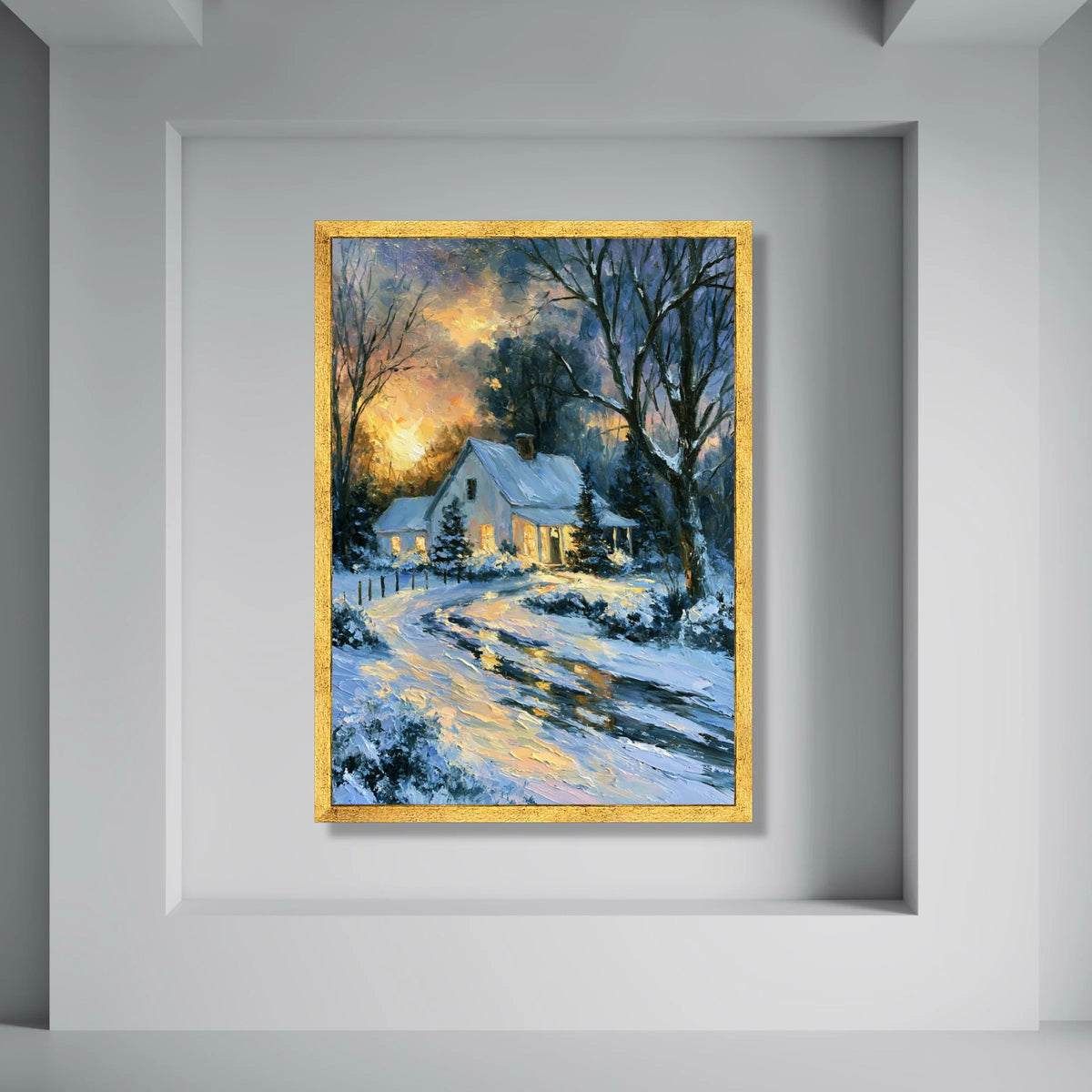 Cozy Winter Cottage Scene, Snowy Landscape Canvas, Warm Evening Glow, Forest Home Wall Art, Seasonal Decoration Canvas Print Art