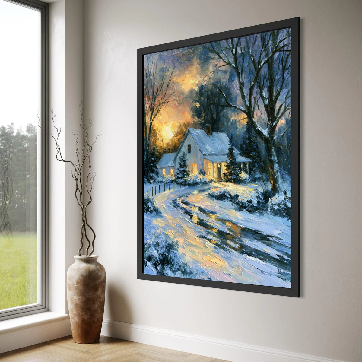 Cozy Winter Cottage Scene, Snowy Landscape Canvas, Warm Evening Glow, Forest Home Wall Art, Seasonal Decoration Canvas Print Art