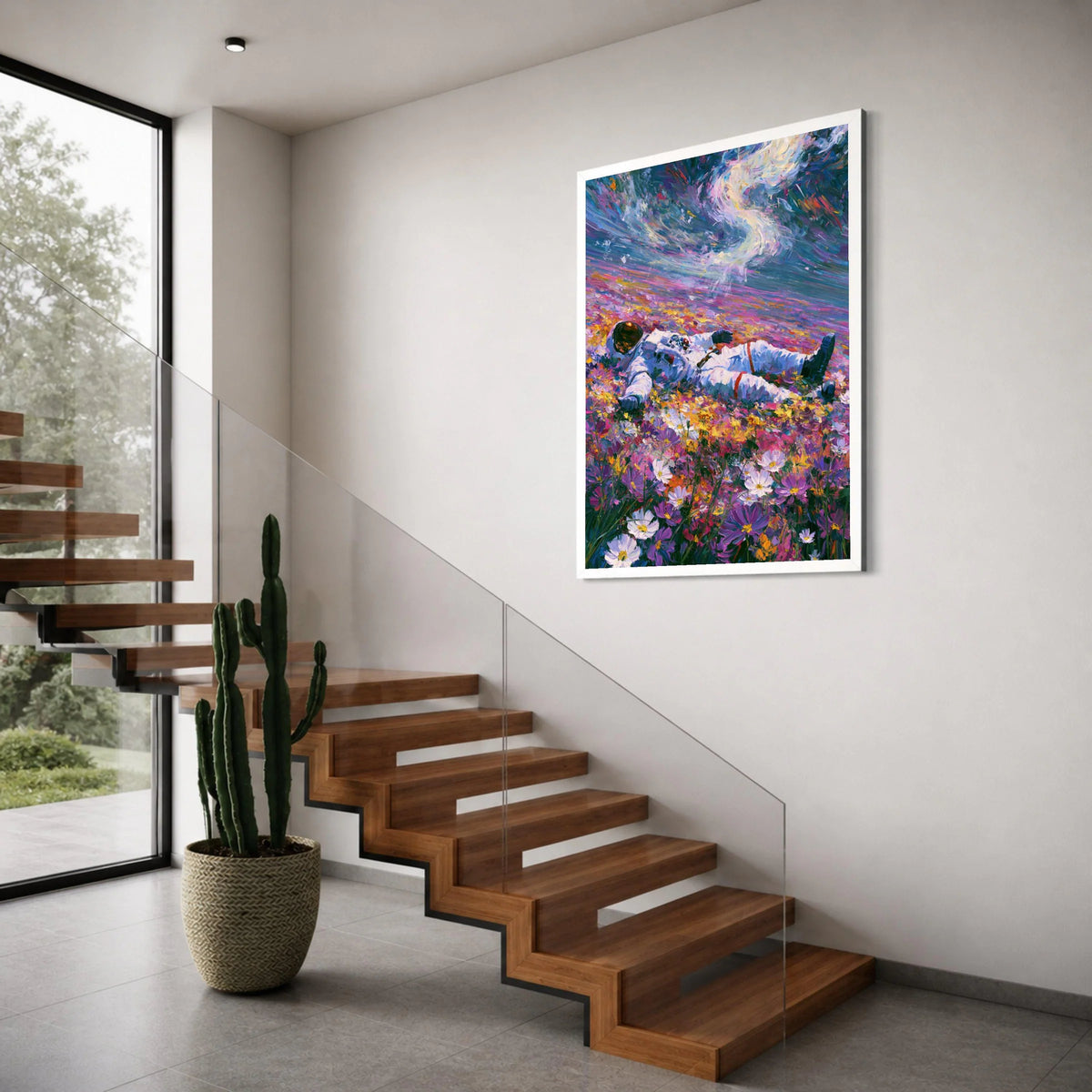 Astronaut Flower Field Canvas, Colorful Space and Nature Wall Art, Surreal Outdoor Landscape Canvas, Vibrant Floral Decor, Modern Print Art