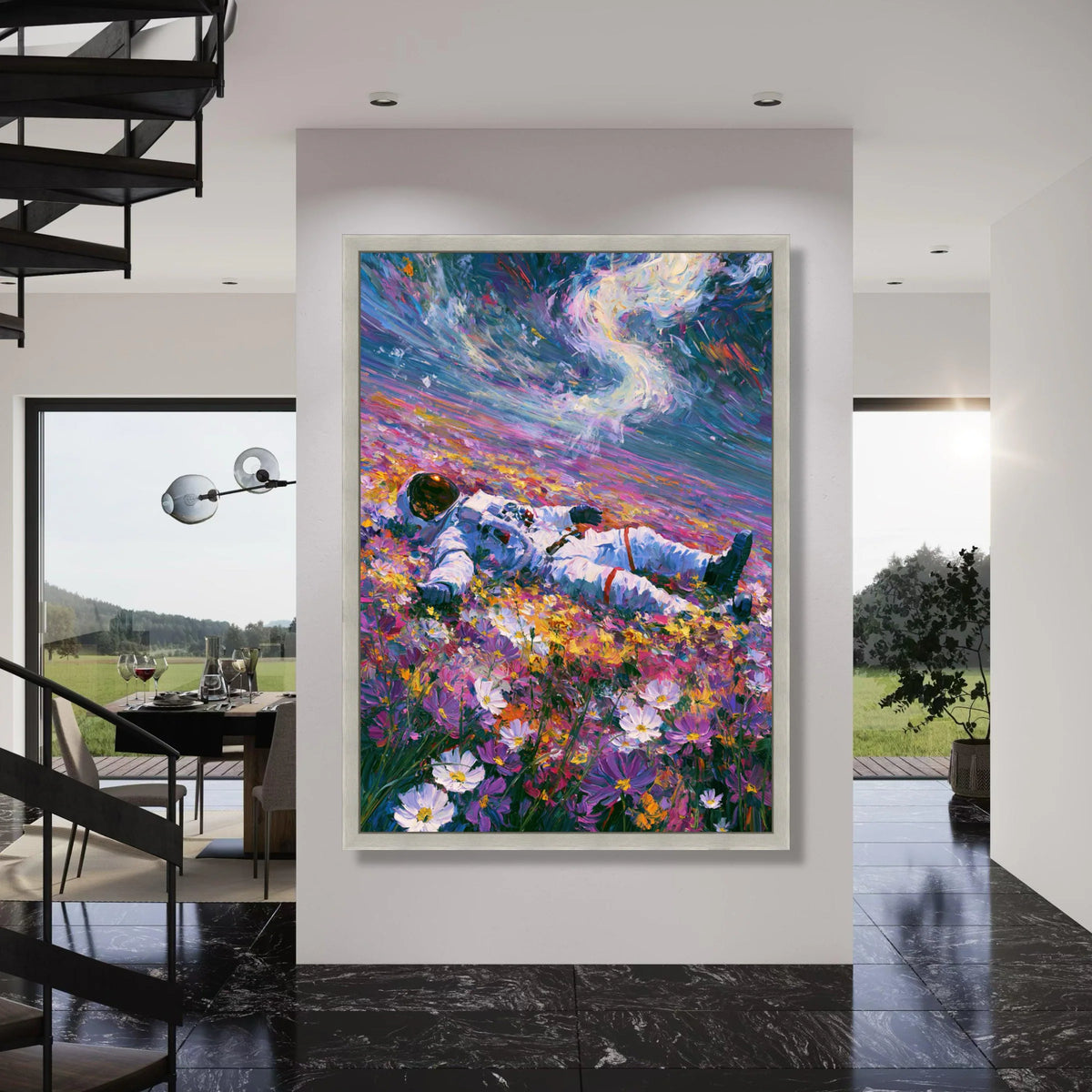 Astronaut Flower Field Canvas, Colorful Space and Nature Wall Art, Surreal Outdoor Landscape Canvas, Vibrant Floral Decor, Modern Print Art