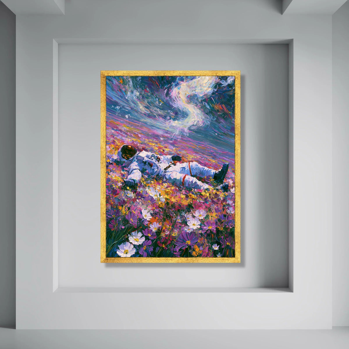 Astronaut Flower Field Canvas, Colorful Space and Nature Wall Art, Surreal Outdoor Landscape Canvas, Vibrant Floral Decor, Modern Print Art