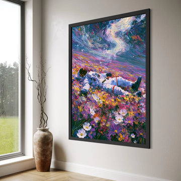 Astronaut Flower Field Canvas, Colorful Space and Nature Wall Art, Surreal Outdoor Landscape Canvas, Vibrant Floral Decor, Modern Print Art