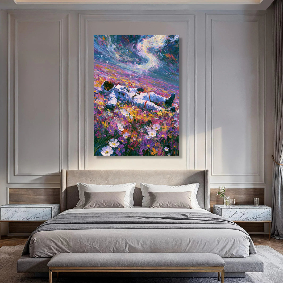 Astronaut Flower Field Canvas, Colorful Space and Nature Wall Art, Surreal Outdoor Landscape Canvas, Vibrant Floral Decor, Modern Print Art