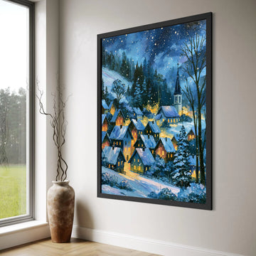 Cozy Winter Village Scene Canvas, Snowy Night Landscape, Illuminated Houses Canvas Wall Art, Christmas Holiday Decoration, Winter Print Art