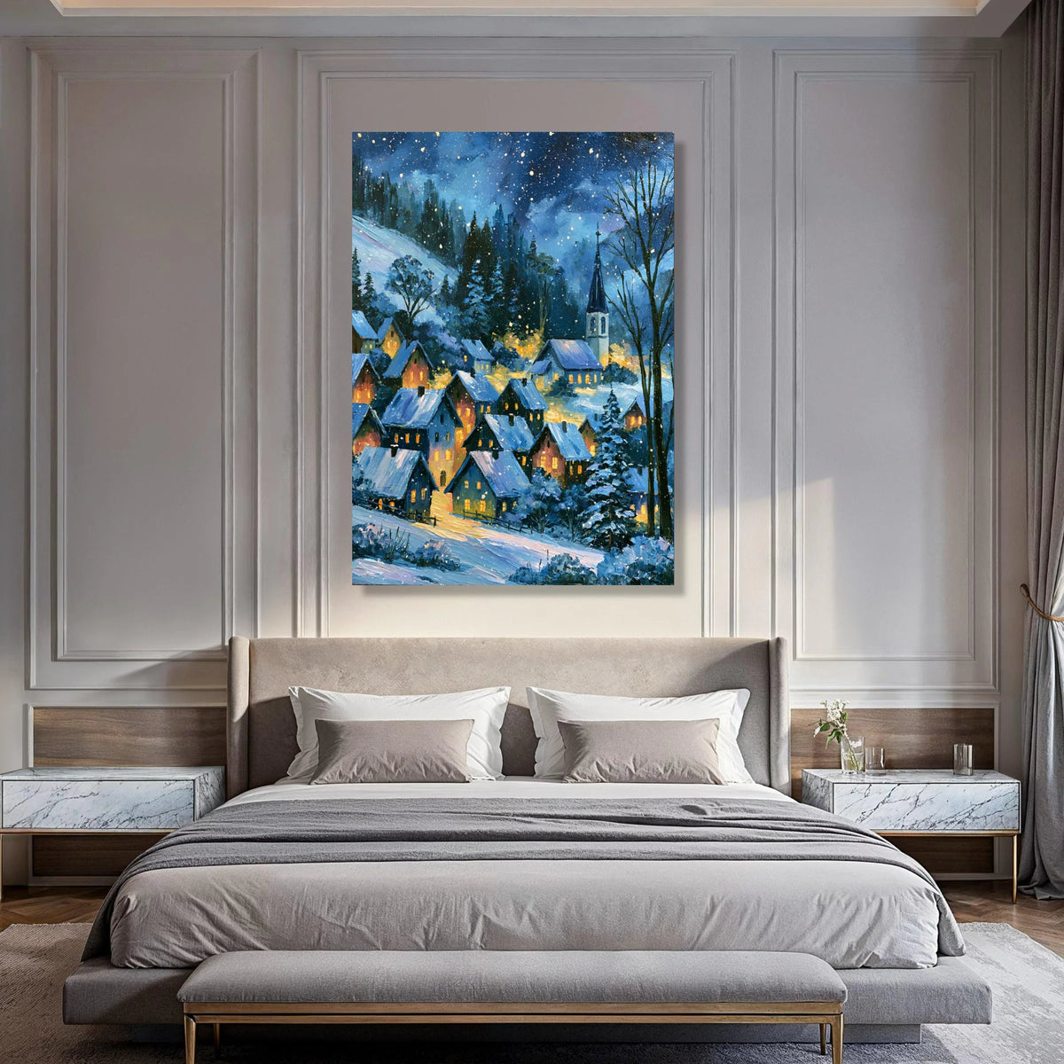 Cozy Winter Village Scene Canvas, Snowy Night Landscape, Illuminated Houses Canvas Wall Art, Christmas Holiday Decoration, Winter Print Art